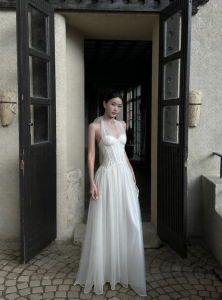 VENUIE | Beaded Mesh Neckline Padded Dress with Built-in Bra White