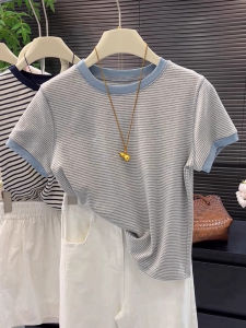 PAIBOLI | Gray Striped Round Neck Short Sleeve T-Shirt Womens Fashionable Casual Simple Match Summer Top Korean Style Loose High Waist