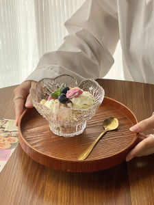 Transparent Glass Fruit Bowl Dessert Bowl Ice Cream Bowl Womens Style Home Use High Value Floral Relief Craft round Bowl