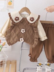 Baby Spring Fashion Set Cotton Sweater Vest Double Flower Design Casual Pants Doll Collar Shirt Khaki Three-piece Ensemble