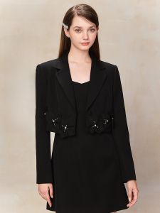 TAMMY TANGS | Black Short Suit Jacket Womens Sweet Style Embroidered Pearl 3D Flower Tammy Tangs Sugar Power Celebrity Same As Picture