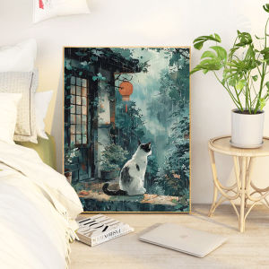 Modern Simple Style Diamond Painting Cat View from Distance Handmade Embroidery Children Decor for Rainy Day Windowledge