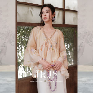 JK＆JS | Chinese Style V-Neck Embroidered Bell Sleeve Shirt
