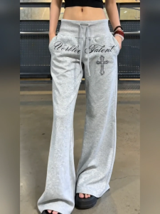 Cross Letter Embroidery Wide Leg Sweatpants for Women Y2K Streetwear Elastic Waist Drawstring Joggers Loose Fit Casual Trousers with Pockets Non Plus Size Regular Standard Size Aesthetic Daily Hip Hop Pants for 18-35 Ladies