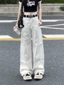 High Waist Wide Leg Straight Cut Jeans Womens Fashion Long Pants Retro Style Workwear Denim Trousers Fall Season Casual Pants