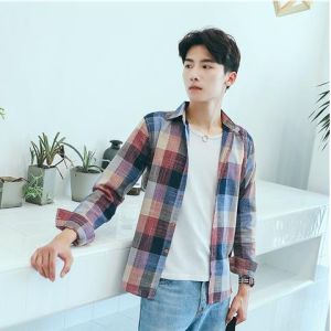 Bonnieleon Plaid long-sleeved shirt mens Korean version slim student casual bottoming shirt