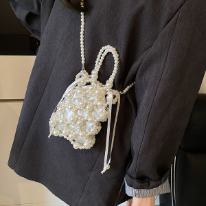Delicate Fairy Pearl Crossbody Bag Womens Mini Handheld Mobile Phone Bag Woven Chain Strap Fashionable Small Size Solid Color