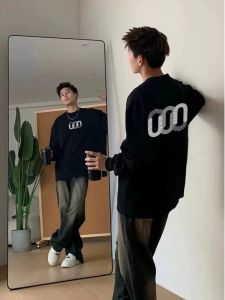 Áo Thun Tay Dài Cotton Nguyên Chất Màu Đen Rộng Rãi Thời Trang Xuân Thu Phong Cách Mỹ Cổ Tròn Thường Ngày Thoải Mái Thoáng Khí