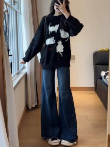 Deep Blue High Waist Bell Bottom Jeans Womens Style Retro Washed Denim Non-Matching Leggings Zipper Closure Autumn Wear