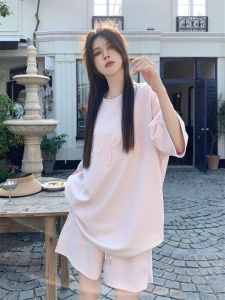 Summer Casual Sportswear Set for Women High Waist Wide Leg Shorts Two Piece Set Student Embroidered T-Shirt Polyester Fiber