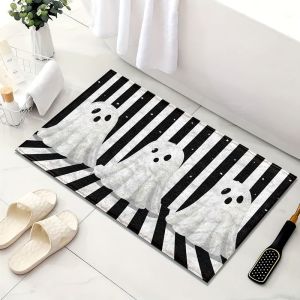 VIKAMA Cute Ghost Halloween Bath Mat 2D Print Non‑Slip Black White Stripe Star Floor Mat For Bathroom Indoor Home Decor