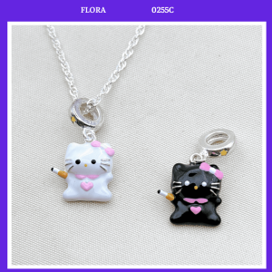 FLORA 0255C - [Có bán lẻ] Dây chuyền bạc mặt charm hình mèo Hello Kitty màu đen trắng dành cho bé gái
