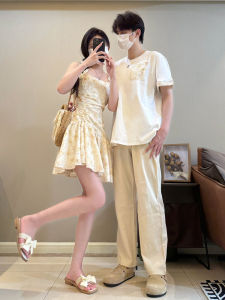 French Romantic Couple Wear Summer Short-Sleeved T-shirt Niche Style Floral Slip Dress Tea Break Dress One Dress Fashion