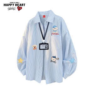 CHARLES JANGS HAPPY HEART | Heart Dog Print Striped Casual Long Sleeve Shirt