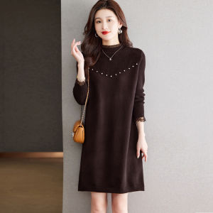 Autumn Winter Womens Mid-Length Knitted Dress Woolen Base Layer Slimming A-Line Skirt Korean Style Long Sleeve Pure Color