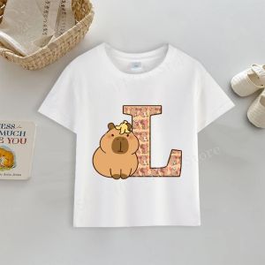 Bandai | Capybara T-shirt Letter A-Z Print Tops Cute Cartoon Anime Boys Girls Clothes Cotton Round Neck Toddler Short Sleeve Outdoor Wear