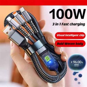 3 In1 6A 100W PD Fast Charging Cable Micro USB/Type C/Lightning to USB Data Cord with Digital Display Indicator Light for IOS Huawei Xiaomi Android Mobile Phone Quick Charger