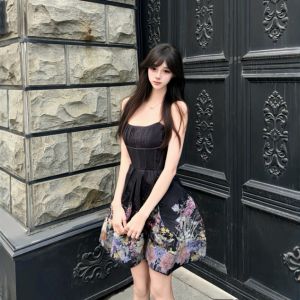 CHANGTONG | Vintage Waist-cinching Tutu Strap Dress Black