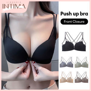INTIMA บราและกางเกงชั้นในดันปิดด้านหน้าสำหรับผู้หญิงสวยหัวเข็มขัดด้านหน้ามันไร้รอยต่อชุดชั้นในไร้สายบราเลตต์ปรับ Comfort ได้