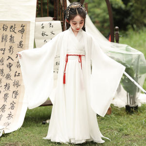 Spring Autumn Wei Jin Style Hanfu Girls Yellow Wide Sleeve Flowing Fairy Skirt Wei Jin Patterned Collar Waist Length Super Fairy Blouse Skirt