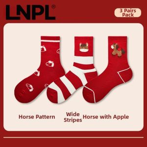 Lunar Year Horse Pattern Red Autumn Winter Women Mid-calf Socks