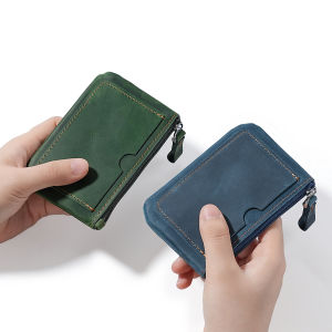 Handmade Retro Crazy Horse Top Grain Leather Outdoor Travel Small Wallet Slim Zipper Keys Coins Card Holders Pocket