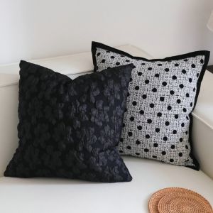 Khăn Trải Giường Kiểu Pháp Cổ Điển Sang Trọng Màu Đen Họa Tiết Hoa Ba Chiều Đệm Lưng Đệm Ghế Sofa Viền Đen Chấm Bi