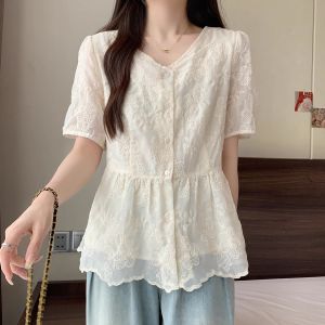 Fashionable French Lace Shirt Womens plus Size Short Sleeve Embroidery Slimming High-End Feel Summer New Arrival Top