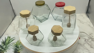 Hexagonal Glass Honey Bottle Jar Container Transparent Food Sealed Storage Empty Bottle with Cover Food Grade Glass