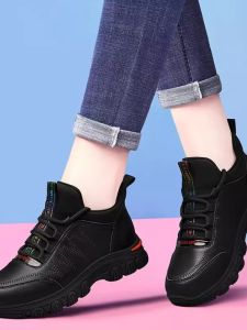 รองเท้ากีฬาหนังผู้หญิง ฤดูใบไม้ร่วง/ฤดูหนาว สไตล์เกาหลี รองเท้าพื้นนุ่ม รองเท้าพ่อ รองเท้าแฟชั่น รองเท้าลำลอง รองเท้าส้นแบน พื้นยาง ทรงหัวมน