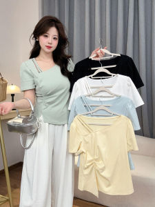 plus Size Womens T-Shirt Asymmetrical Hollow out Short Sleeve Waist Cinched Summer Slimming Top Korean Style Regular Fit