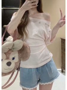 YUEZHONGWEI | French Style Asymmetric Shoulder Baring Short Sleeve Pink T-Shirt Womens Summer Design Sensation Waist Cinching Top