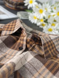 Womens Plaid Shirt Spring New Style Vintage Hong Kong Flavor Loose Long Sleeve Trendy Button up Cotton Blend Polo Collar