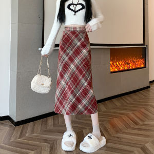 Váy Kẻ Caro Cổ Điển Cho Nữ Mùa Thu Đông Len Nửa Thân Trên Chữ a Cạp Cao Ôm Sát Váy Dài Vừa Phải Có Nút Cài Nhỏ