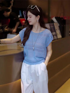 WANGGONGZHU | Summer Hollow Out Short Sleeve T-Shirt Womens Thin New Style French Casual Loose Slimming Knitted Wear To Work Pure Color