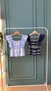 BL20809 Blue Embro Flare Sleeve Peplum Top