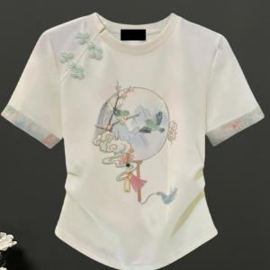 เสื้อยืดคอกลมแขนสั้นผ้าฝ้ายทรงหลวมสไตล์จีนย้อนยุคสำหรับฤดูร้อนปี 2025 เสื้อเชิ้ตผู้หญิงสไตล์ยุโรปและเกาหลี