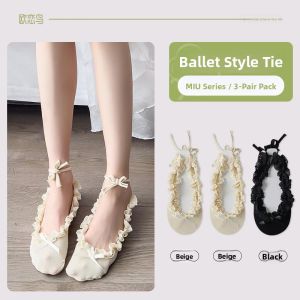 OULIANNIAO | Ballet Style Boat Socks Women Summer Thin Lace Trimed Tie Short Socks Lolita Little Leather Shoe Sock Covers Personality Nylon