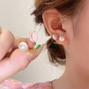 🔥1 Pair Korean Tulip Pearl Stud Earrings French Elegant Style Earrings for Women Girls Fashion Sweet Pink Tulip Flower Pearl Earrings LovelylifeFu👍