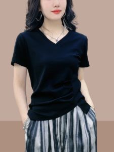 เสื้อยืดคอวีทรงสลิมฟิตผ้าฝ้ายแท้สำหรับผู้หญิงในฤดูร้อนปี 2023 เสื้อยืดคอกลมแขนสั้นทรงสลิมฟิตสำหรับผู้หญิง