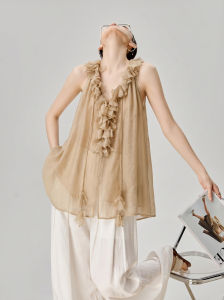 GULILI | Holiday Style Gold V-neck Ruffled Loose Sleeveless Top