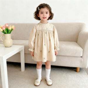 2026 New Spring 2-6Yrs Long Sleeved Cotton Embroidery Print Kids Princess Dresses European American Style Girl Party Dress