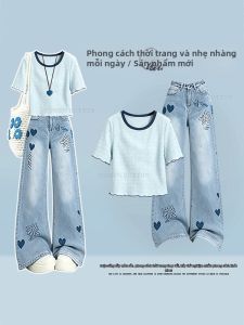 NUMEN BUTTON | Bộ Áo Thun Thiết Kế Sóng Ngắn Và Quần Jeans Họa Tiết Tim