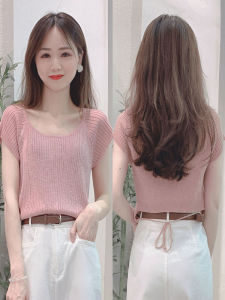 Pink Hollow out Ice Silk Short Sleeve Knitted Top Womens Slim Fit Summer New Style Back Tie Top Thin Knitted Summer Shirt
