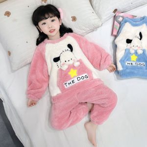 Thickened Coral Fleece Childrens Sleepwear Velvet Home Clothes Set for Girls Cartoon Pattern Autumn Winter Home Clothes