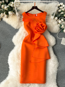French Rich Gold Dress Party Dress Daily Style Stylish Three-Dimensional Flower Silm High-End Temperament Dress