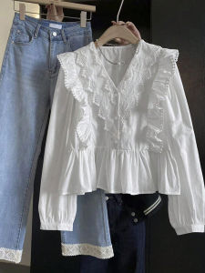 เสื้อผู้หญิงแขนยาวแต่งระบายผ้าลูกไม้สีพื้นสไตล์ลำลอง  คอลเลคชั่นใหม่ฤดูใบไม้ร่วง 2025  ดีไซน์หรูหราทันสมัย