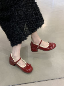 XUJIA | Lace-Trimmed French Style Mary Jane Heels Red