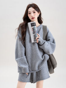 Loose round Neck Knitted Sweater High Waist Shorts Womens Two-Piece Set Grey Korean Style Lazy Fashion Autumn Winter Ensemble