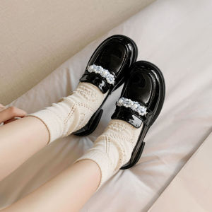 Genuine Leather Flats Womens Shoes Pearl Decorated Spring Autumn UK Style Large Size Footwear for Women Size 41 to 43